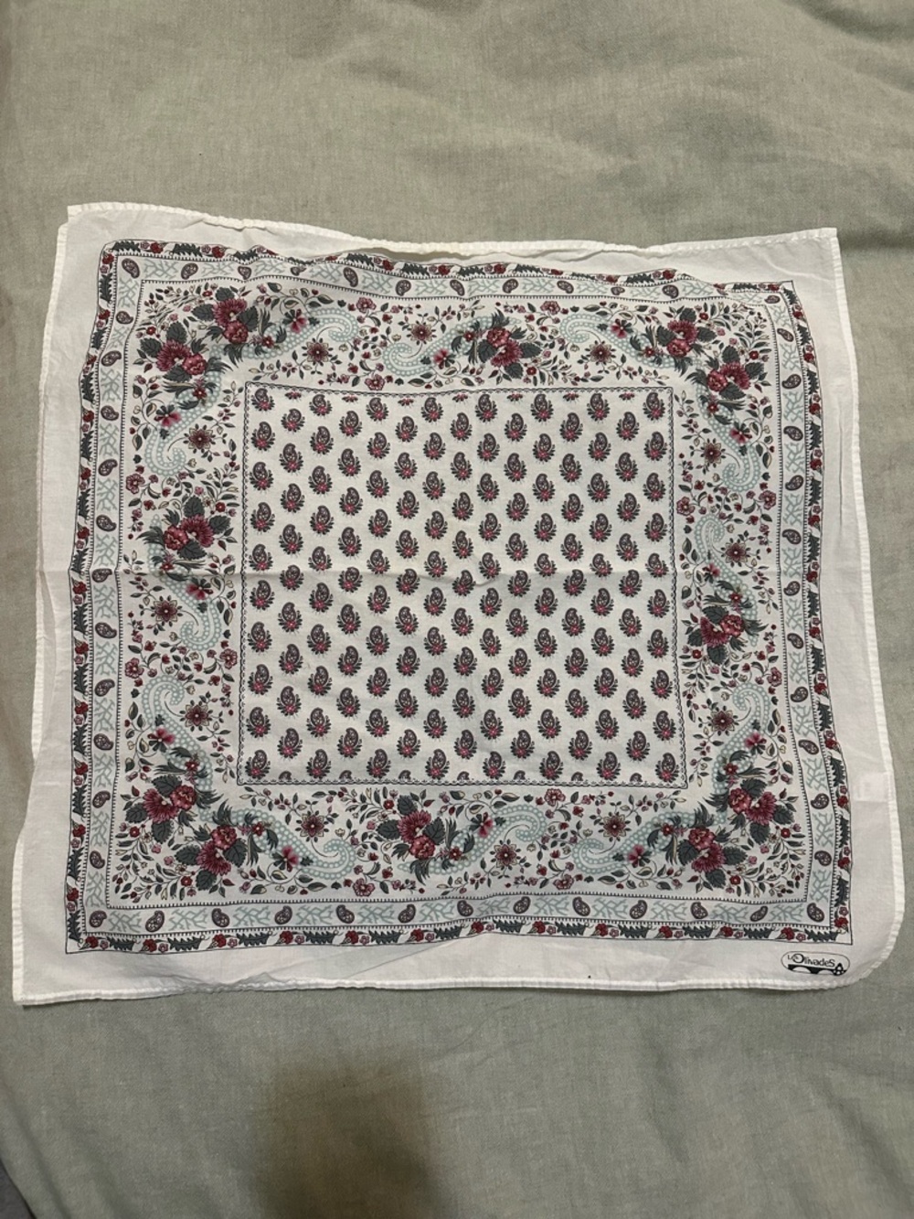 Les Olivades Floral Paisley Bandana Scarf - Ivory with rasberry and green colors - Picture 4 of 5